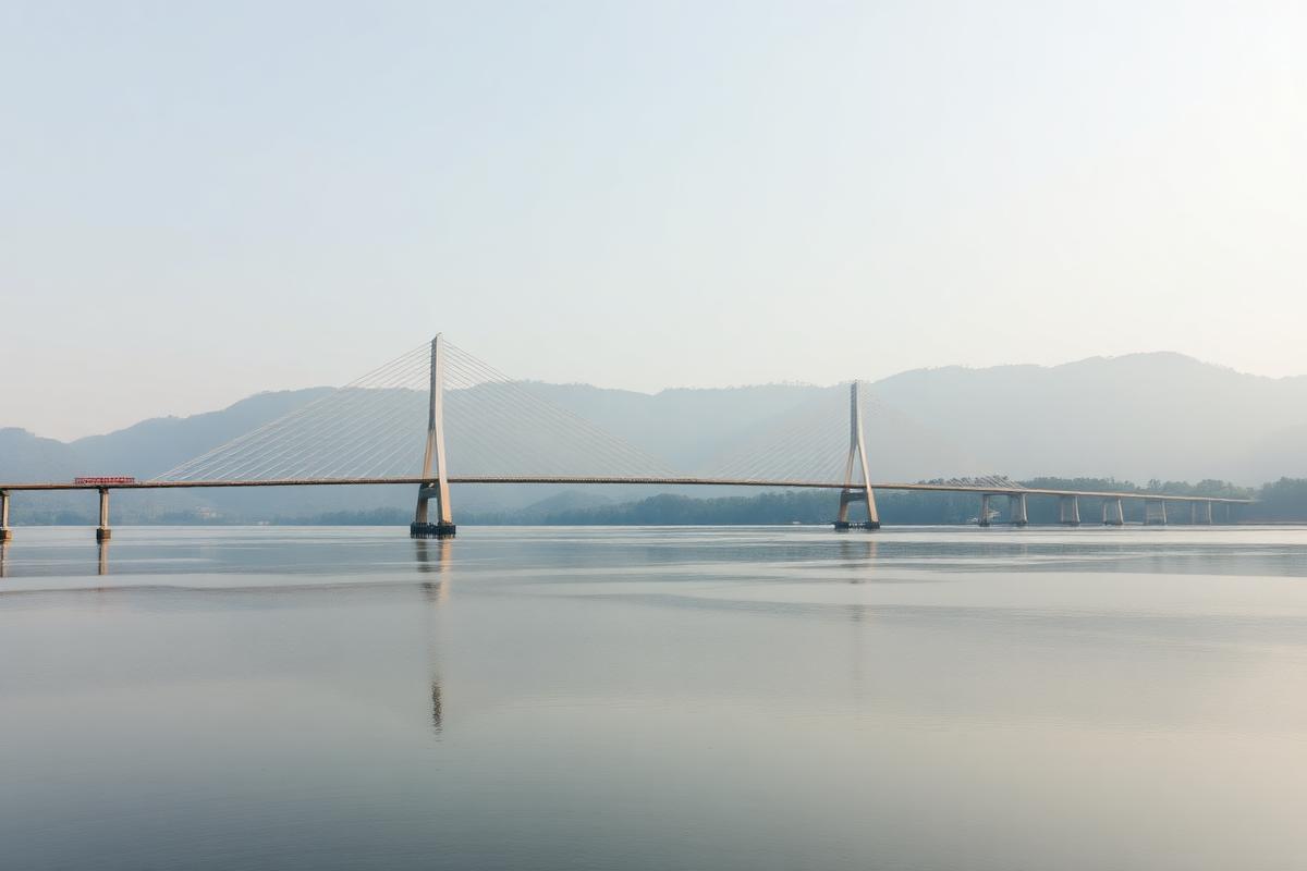 Long cable-stayed bridge crossing calm backwaters with forested hills beyond