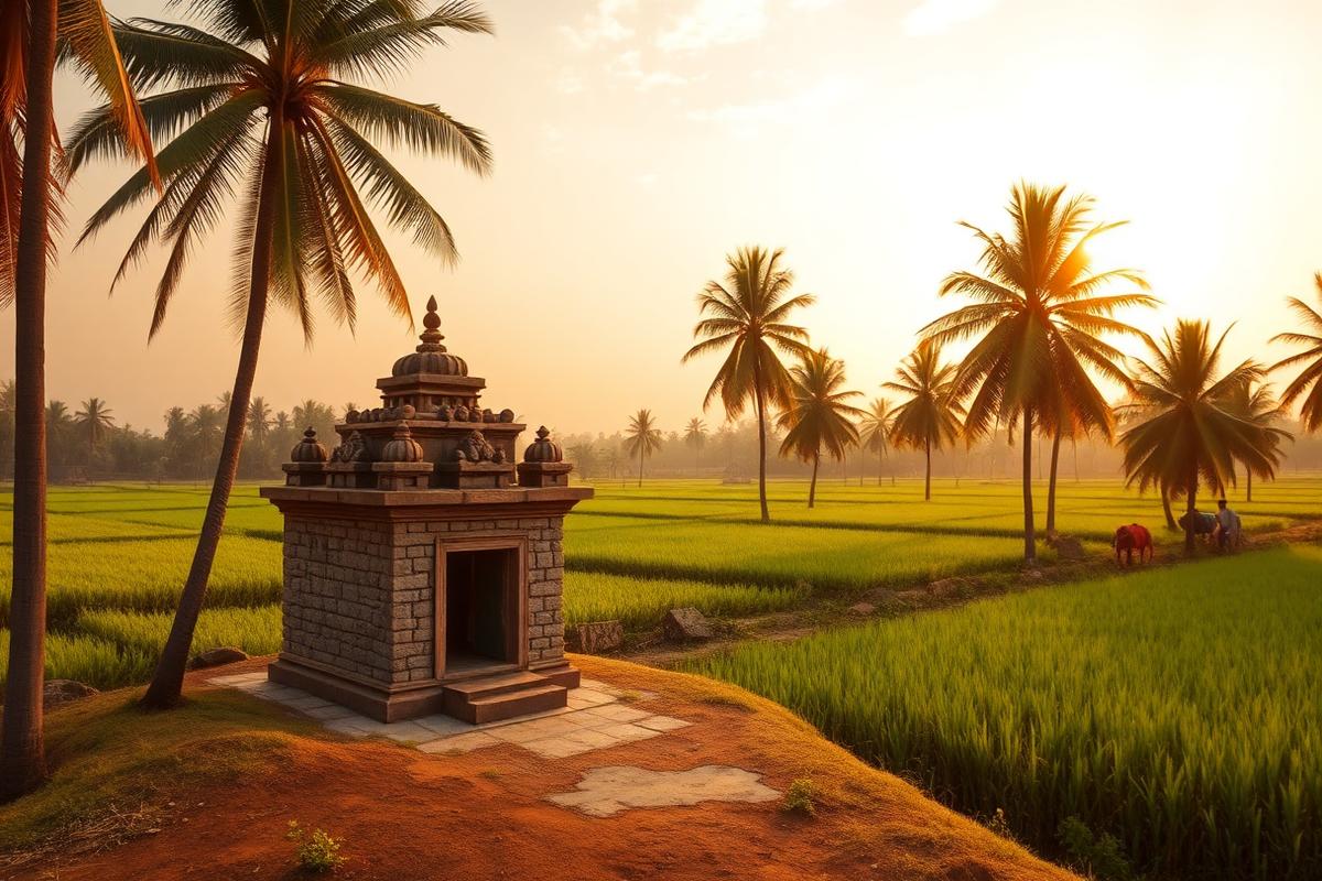 Small stone temple beside paddy fields and areca palms in rural Shimoga